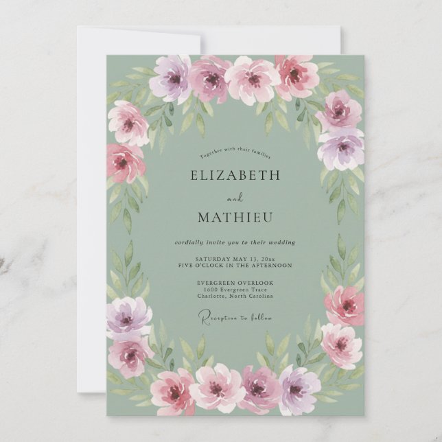 Invitación Boda floral rosa púrpura (Anverso)