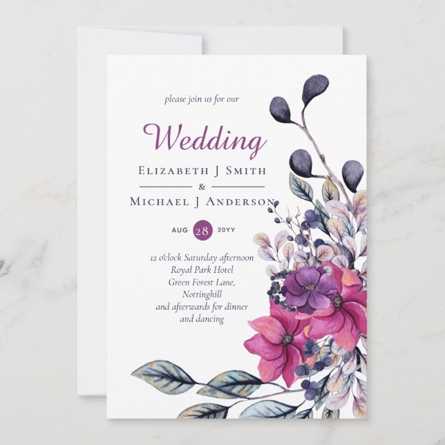 Invitación Boda floral rosa púrpura de Fuchsia (Anverso)