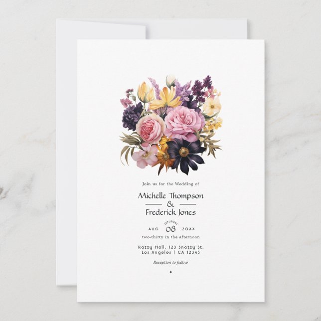 Invitación Boda floral rosa, púrpura, negra y dorada (Anverso)
