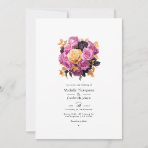 Invitación Boda floral rosa, púrpura, negra y dorada