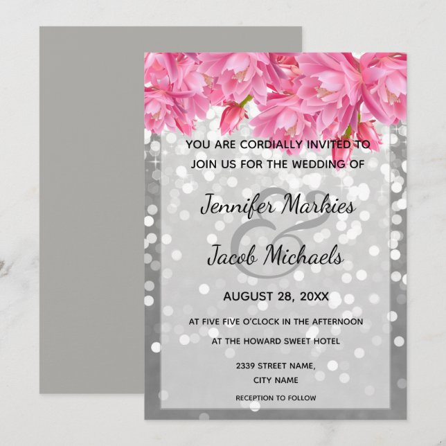 Invitación Boda floral rosa purpurina cristales (Anverso / Reverso)