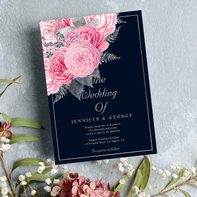 Invitación Boda floral rosa purpurina de plata azul marino (Navy blue silver glitter pink floral wedding)