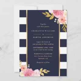Invitación Boda floral rosa rayado de oro blanco azul de la m