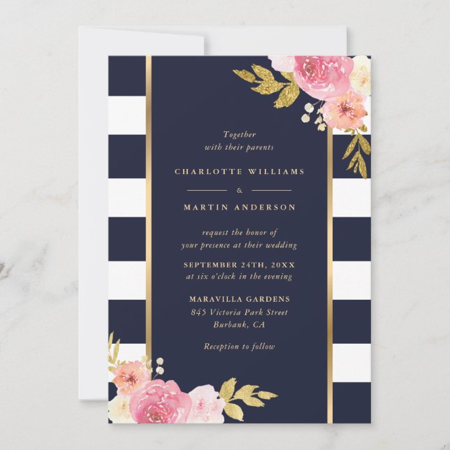 Invitación Boda floral rosa rayado de oro blanco azul de la m (Anverso)