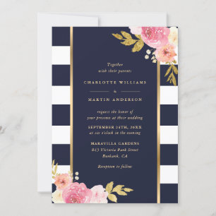 Invitación Boda floral rosa rayado de oro blanco azul de la m