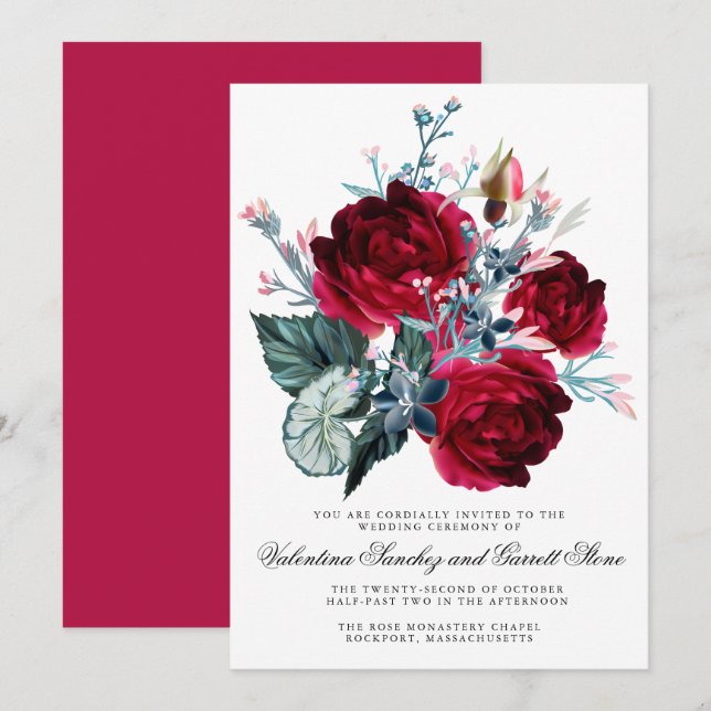 Invitación Boda floral Rosa Roja Oscura (Anverso / Reverso)
