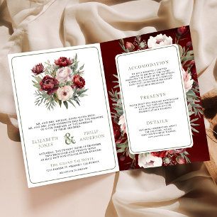 Invitación Boda floral rosa rojizo de Borgoña todo en uno