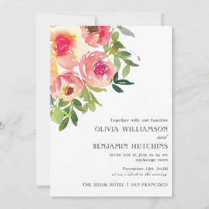 Invitación Boda floral rosa rojo acuarela moderna