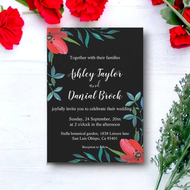 Invitación Boda Floral Rosa Rojo De Flor Negra Y Blanca (Subido por el creador)