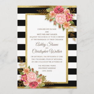 Invitación Boda Floral Rosa Rojo Negro Blanco Dorado