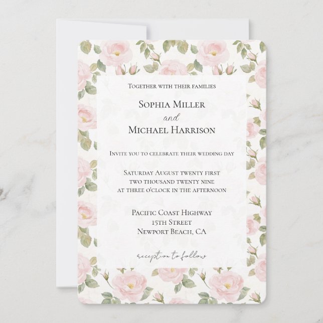 Invitación Boda floral rosa romántico (Anverso)