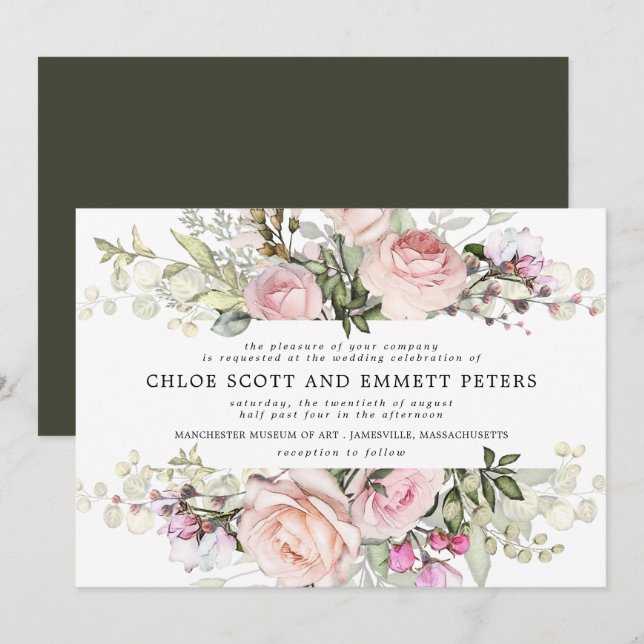 Invitación Boda floral rosa rosa boho moderno (Anverso / Reverso)