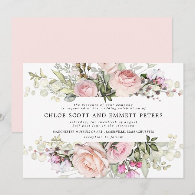 Invitación Boda floral rosa rosa boho moderno (Anverso / Reverso)