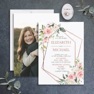 Invitación Boda Floral Rosa Rosa de Cobre Geométrico