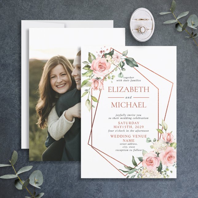 Invitación Boda Floral Rosa Rosa de Cobre Geométrico (Subido por el creador)
