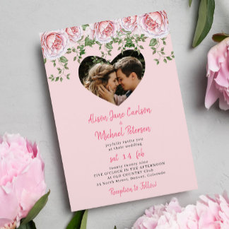 Invitación Boda floral rosa rosa de corazón fotográfico román