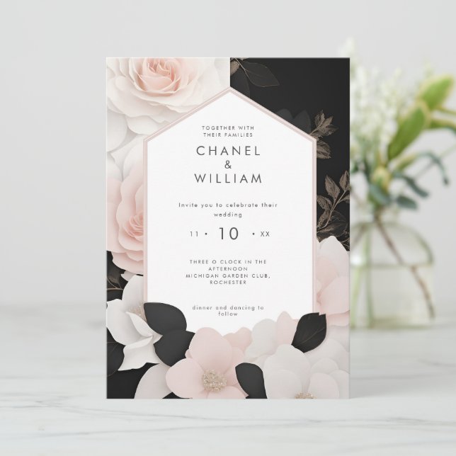Invitación Boda floral rosa rosa de inspiración canalla (Anverso de pie)