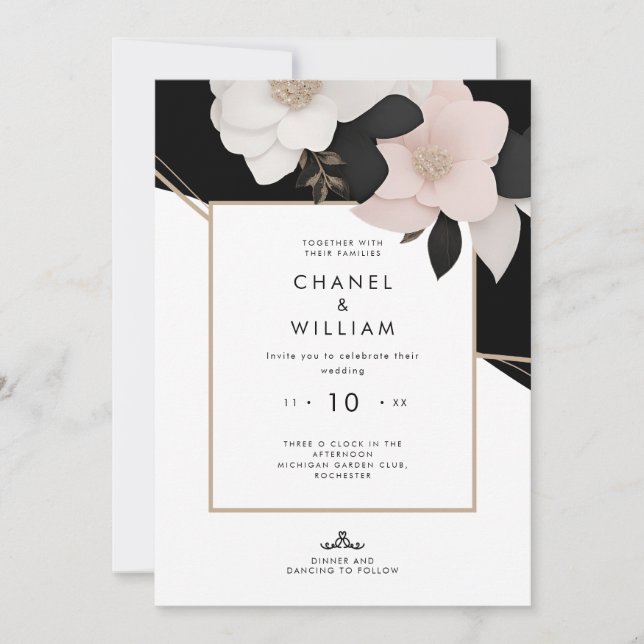 Invitación Boda floral rosa rosa de inspiración canalla (Anverso)