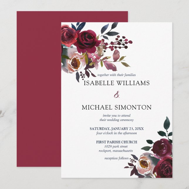 Invitación Boda floral rosa rosa rosa rojo de Borgoña (Anverso / Reverso)