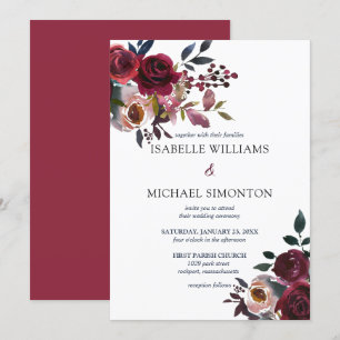 Invitación Boda floral rosa rosa rosa rojo de Borgoña