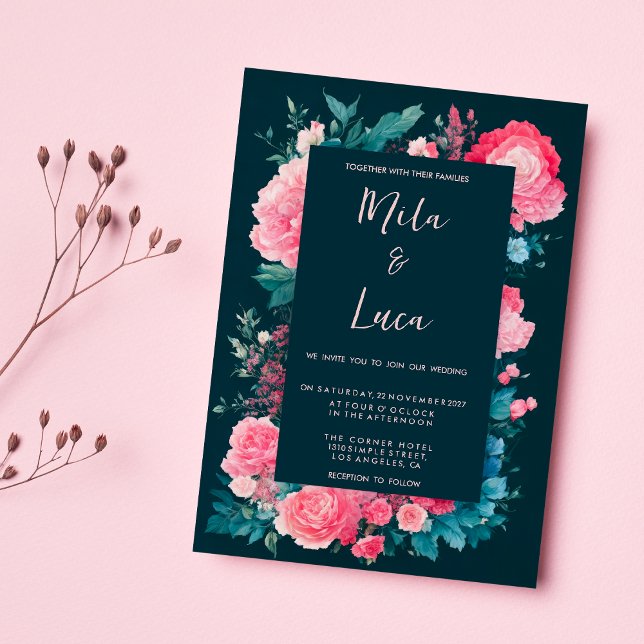 Invitación Boda floral rosa rosa verde verde anaranjado (Botanic nordic blue green pink floral Wedding )