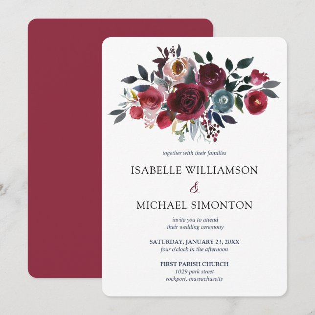 Invitación Boda floral rosa rosa y rojo borgoña (Anverso / Reverso)