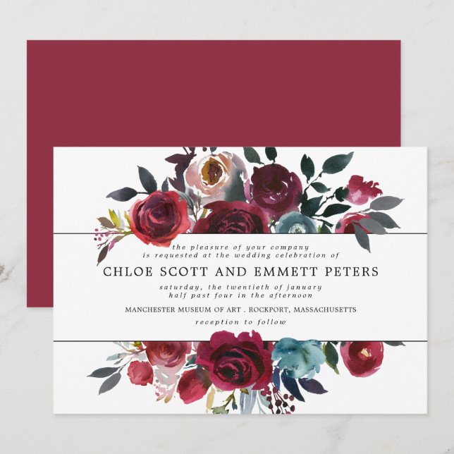 Invitación Boda floral rosa rosa y rojo borgoña (Anverso / Reverso)