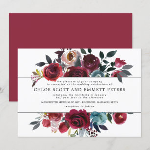 Invitación Boda floral rosa rosa y rojo borgoña
