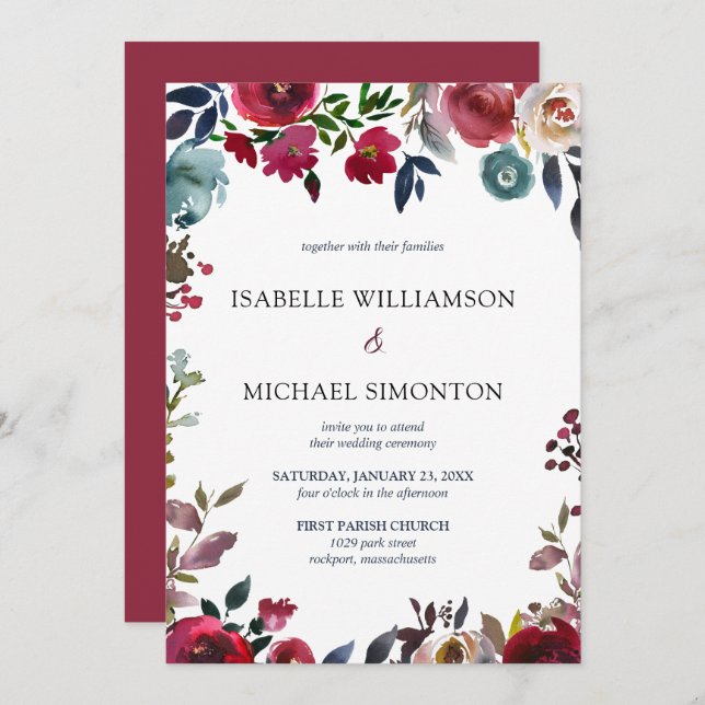 Invitación Boda floral rosa rosa y rojo borgoña (Anverso / Reverso)