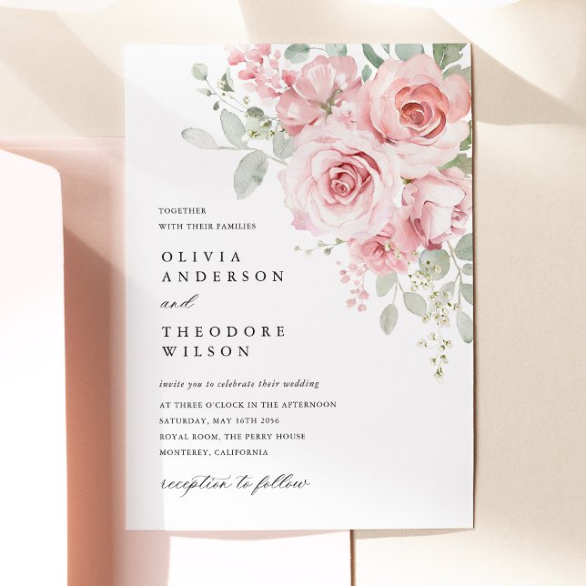 Invitación Boda Floral Rosa Rosada (Blush Rose Floral Wedding Invitation, Watercolor Blush Pink Rose Wedding Invite)