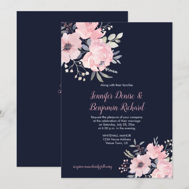 Invitación Boda floral rosa rubor | (Anverso / Reverso)