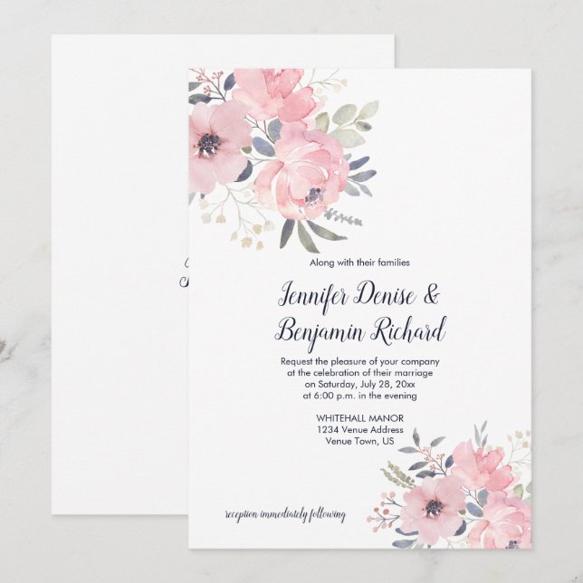 Invitación Boda floral rosa rubor | (Anverso / Reverso)