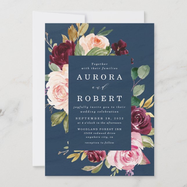 Invitación Boda floral rosa Rubor azul borgoña (Anverso)