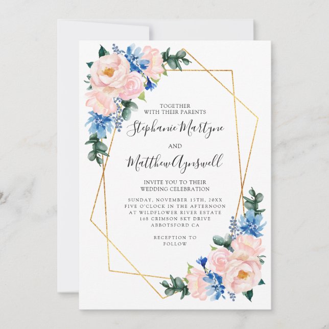 Invitación Boda floral rosa Rubor azul con polvo geométrico (Anverso)