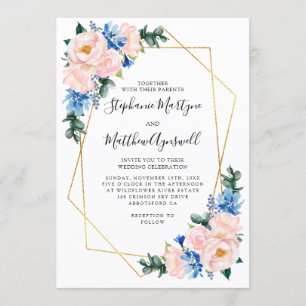 Invitación Boda floral rosa Rubor azul con polvo geométrico