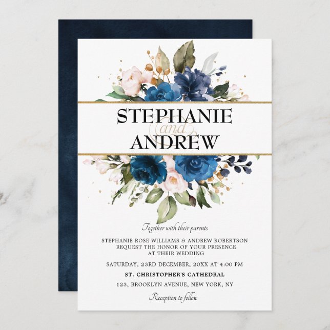 Invitación Boda floral Rosa Rubor azul de la Marina Romántica (Anverso / Reverso)