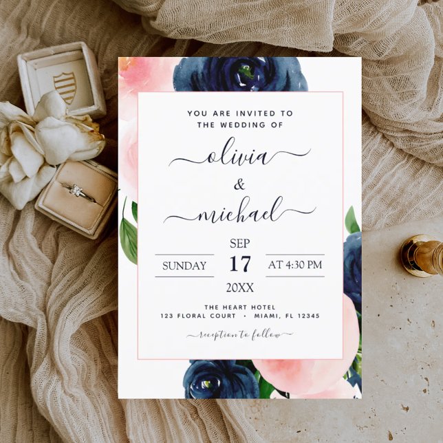 Invitación Boda floral rosa Rubor azul marino (Subido por el creador)