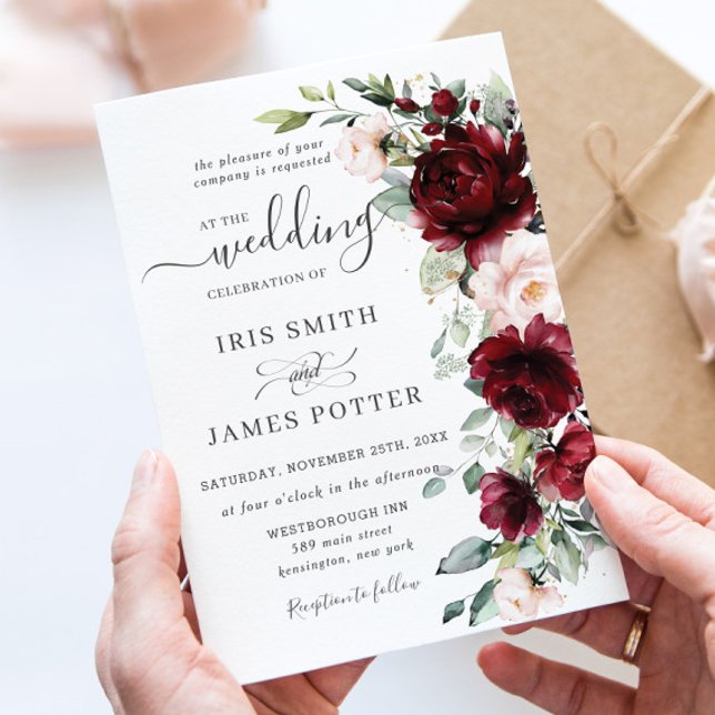 Invitación Boda Floral Rosa Rubor Burgundy Chic Rústico (Subido por el creador)
