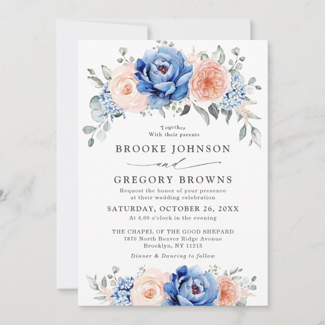 Invitación Boda floral rosa Rubor con pizarra azul turbia (Anverso)