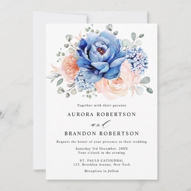 Invitación Boda floral rosa Rubor con pizarra azul turbia (Anverso)