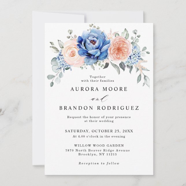 Invitación Boda floral rosa Rubor con pizarra azul turbia (Anverso)