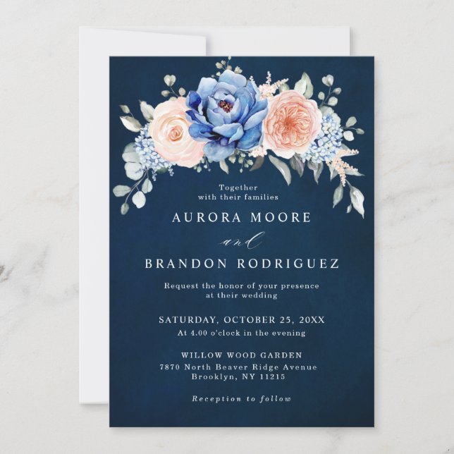 Invitación Boda floral rosa Rubor con pizarra azul turbia (Anverso)