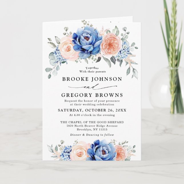 Invitación Boda floral rosa Rubor con pizarra azul turbia (Anverso)