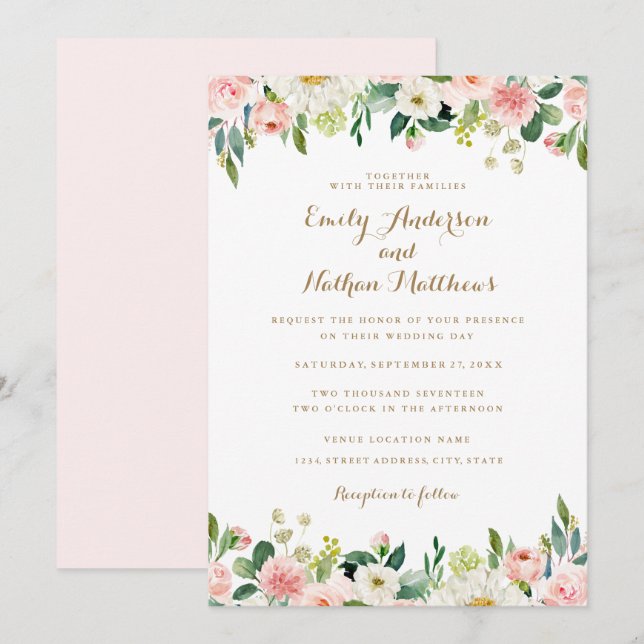 Invitación Boda floral rosa Rubor de color de agua (Anverso / Reverso)