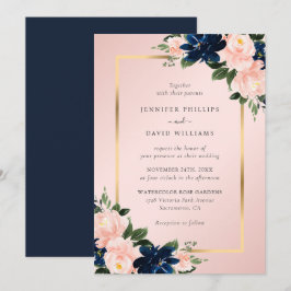 Invitación Boda floral rosa Rubor de la Marina Blue Gold