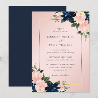 Invitación Boda floral rosa Rubor de la Marina Blue Gold