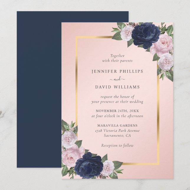 Invitación Boda floral rosa Rubor de la Marina Blue Gold (Anverso / Reverso)