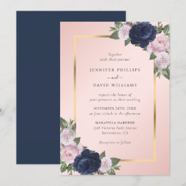 Invitación Boda floral rosa Rubor de la Marina Blue Gold
