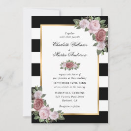 Invitación Boda floral rosa Rubor de oro blanco y negro