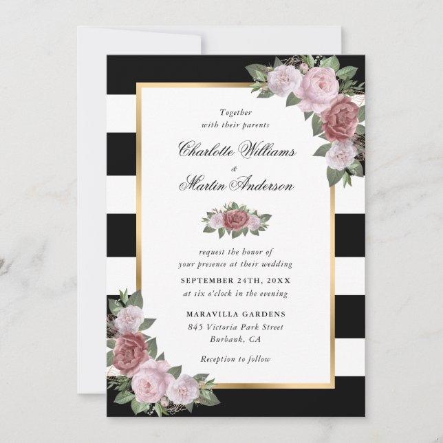 Invitación Boda floral rosa Rubor de oro blanco y negro (Anverso)